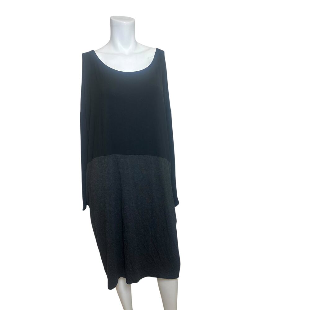 Eileen Fisher Black Charcoal Colorblock Cocoon Jersey Dress Pockets Midi XL - Picture 2 of 11